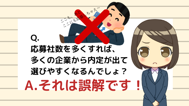 応募社数を多くすれば、多くの企業から内定が出て選びやすくなると思うかもしれませんがそれは「誤解」です。