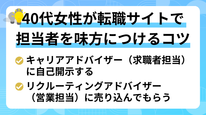 40代女性の転職サイト活用法【担当者を味方につけるコツ】のインフォグラフィック画像